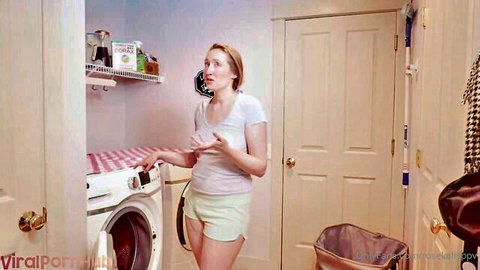 Rose Kelly as sexy handy helper in tight shorts teasing in laundry