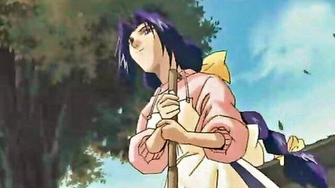 Anime girl with purple hair in pink apron holding broom outdoors