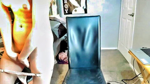 Petite skinny girl with small tits spreads legs on webcam chair using remote vibrator on her pussy