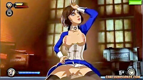 Animated teen girl in blue corset exposes large tits, seductive pose before handjob and creampie