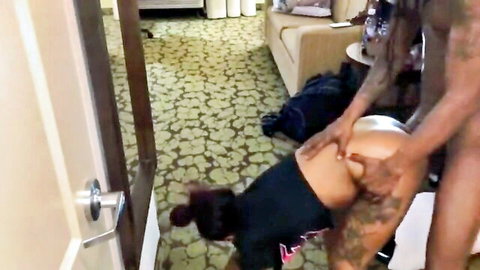 Hot Afro-American teen in short dress groped by tattooed stepdad from behind