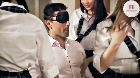 Laney Grey, Mina Luxx, Theodora Day surround blindfolded man in schoolgirl uniforms