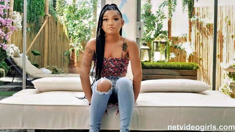 Lena's ebony beauty in floral top and ripped jeans for POV casting tease