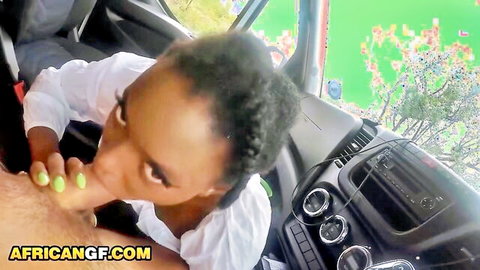 Ebony beauty kissing nipple in camper van for hot van sex adventure