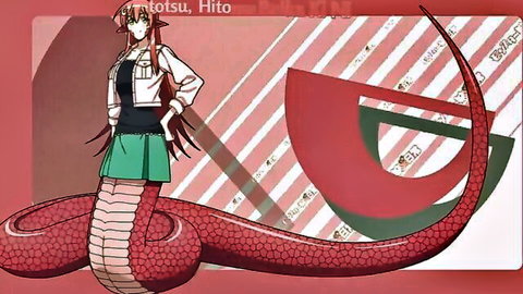 Seductive anime lamia monster girl with huge tits posing in green skirt and coiled snake tail