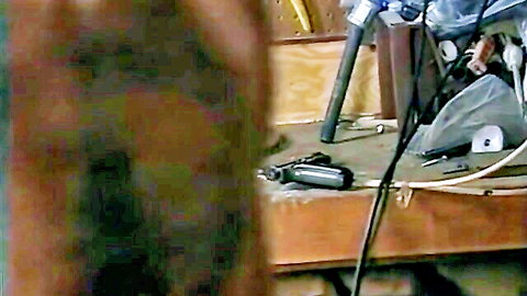 Vintage 1993 porno thumbnail: Blinded By Love garage scene with tools and revolver prop