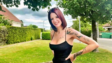 Elie, 31yo French redhead with tattoos and big tits in black dress