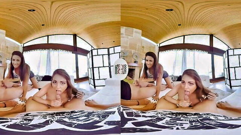 Two nude brunette girls in steamy VR lesbian facesitting cunnilingus
