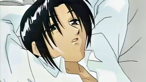 Anime boy with open white shirt lying seductively on bed exposing smooth chest