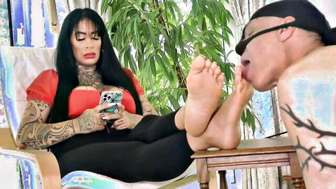 Lady Nisha gets foot worship as tattooed man licks her bare soles
