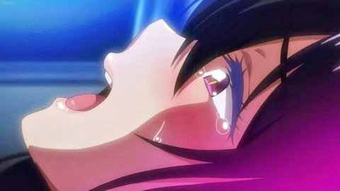 Hentai anime girl moaning with wide open mouth, teary purple eyes and heavy blush
