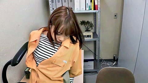 Airi Suzumura in unbuttoned orange shirt, seductive office tease