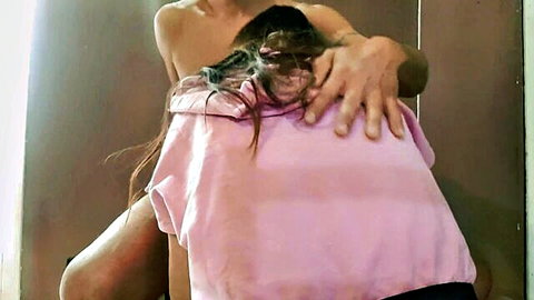40yo MILF Alexandra C topless in pink hoodie embracing intimately