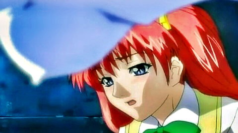 Red-haired anime schoolgirl in uniform with blue eyes, hentai teen hottie