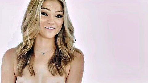 Hot blonde teen smiling topless in POV sex thumbnail