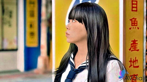 Taiwanese babe in sailor school uniform waiting in park for pickup