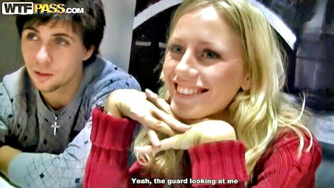 Cute blonde amateur couple smiling in casual clothes, toilet fuck tease