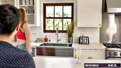 Ashley Lane and Jamie Michelle tease stepson in kitchen, hot MILF threesome - Moms Teach Sex
