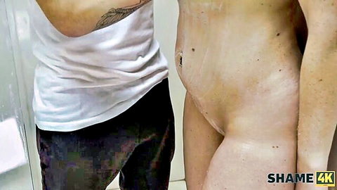 Nude mature woman with navel piercing embraces man in steamy shower, Shame4K milf fantasy
