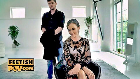 Tina Kay in black lace dress for POV foot fetish scene with man
