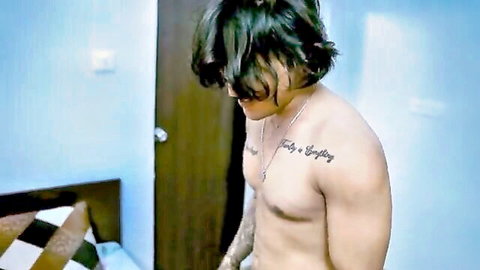 Shirtless muscular Indian man with tattoos meets actress Tejaswini at motel