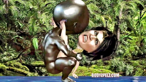 Muscular nude bronze bodypainted woman holds giant sphere in jungle pose