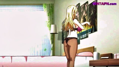 Blonde hentai girl in pink bra and tight pants bending over big ass