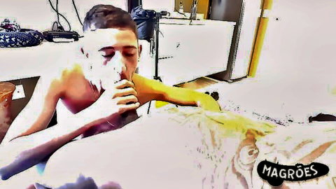 Young shirtless Latino guy in bathroom sucking yellow toy, naughty neighbor fun