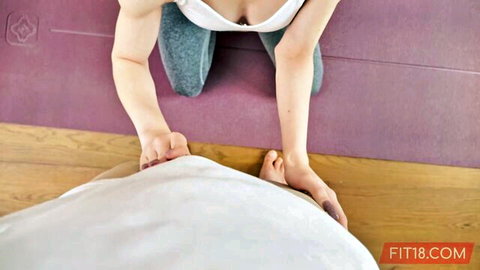 Nata Ocean kneels in fitness casting, gripping crotch tease