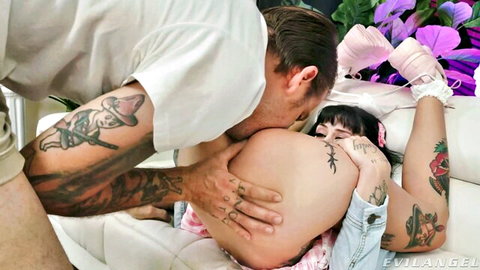 Bryan Gozzling intimately kisses tattooed dainty woman in lacy lingerie and pink socks