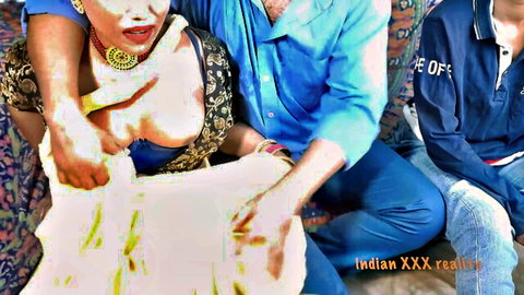 Indian mature woman in saree exposes big tits in steamy threesome roleplay