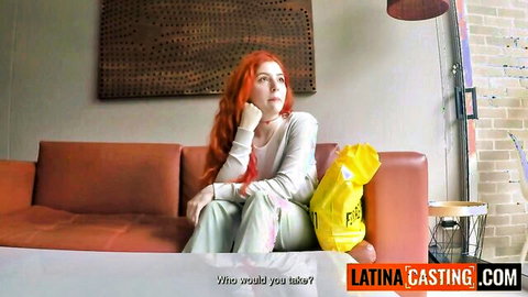 Gorgeous ginger Latina teen sitting pensively in casting scene