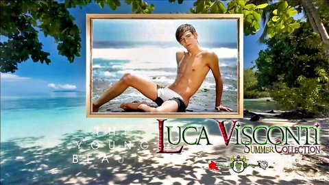 Young Luca Visconti in white briefs on beach, summer collection photoshoot