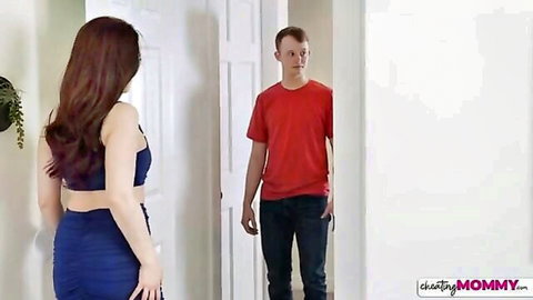 Jessica Ryan as curvy redhead stepmom in blue crop top and skirt surprises stepson