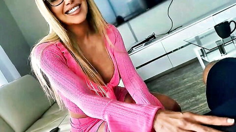 Caitlin Bell blonde big tits in shiny pink lingerie teasing