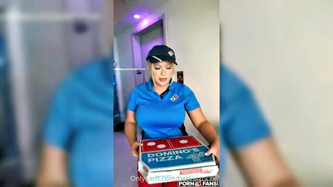 Blonde Becky Crocker as sexy pizza delivery girl in tight uniform