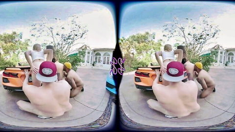Posh MILF in outdoor group sex with nude men around luxury cars