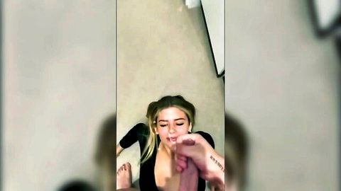 Blonde tattooed cam girl foot fetish play in black top