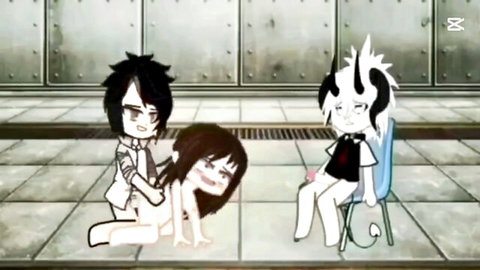 Anime chibi girl on all fours with two guys in suggestive threesome pose