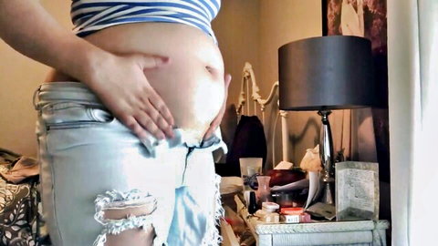 Chubby BBW pregnant belly play in tight ripped jeans and striped top