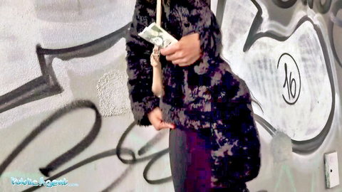 Asia Rae ebony beauty in sparkly outfit holding cash, teasing big booty in public