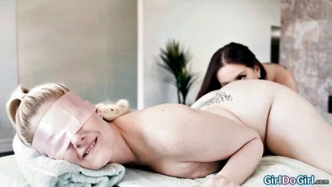 Blindfolded blonde wife rimmed by brunette in erotic massage