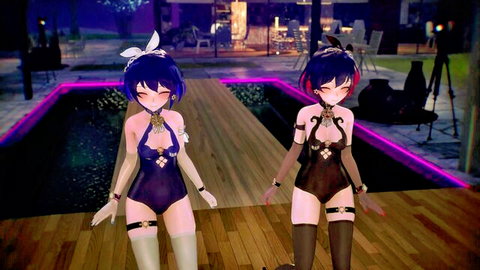 Seele and Veliona in revealing swimsuits posing by pool, anime style