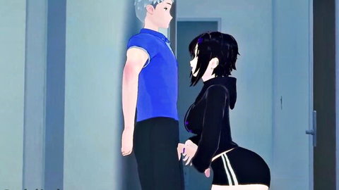 3D anime couple tease: black-haired girl in hoodie and shorts bends for gray-haired guy