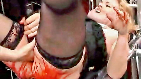 Blonde in intense BDSM with bleeding ass, black stockings