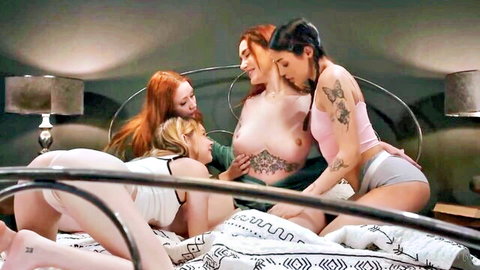 Siri Dahl in steamy lesbian slumber party with topless redhead and brunette babes