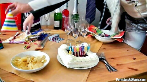 Celine Noiret in sexy birthday party with cake, champagne, and festive setup