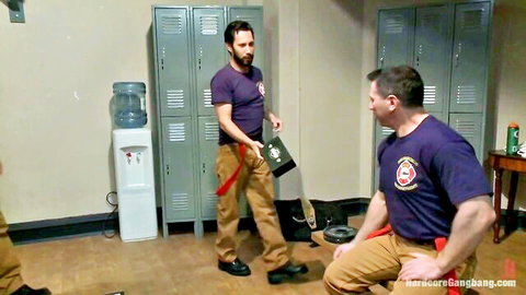 Amateur Simone Sonay in firefighter uniform gangbang locker room
