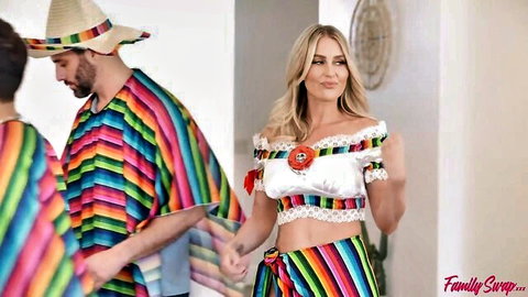 Blonde in sexy Mexican costume with two men in ponchos, raunchy group tease