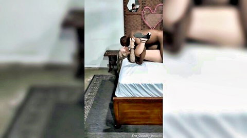 Hotwife in black stockings spreads legs for pussy eating by dark bull on bed